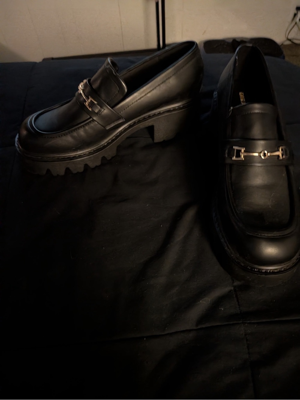 Black Leather Chunky Heel Loafers with Metal Bit